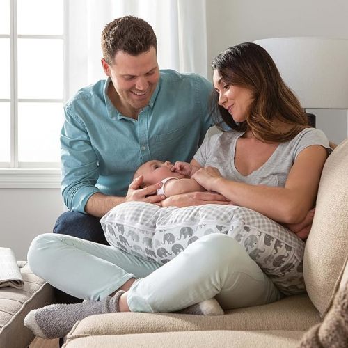 Boppy Nursing Pillow Original Support, Gray Elephants Plaid, Ergonomic Nursing Essentials for Bottle and Breastfeeding, Firm Fiber Fill, with Removable Nursing Pillow Cover, Machine Washable