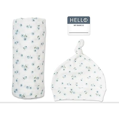 lulujo Birth Announcement Hat & Swaddle Blanket Set| Unisex Softest Bamboo Muslin Baby Swaddle Blanket| Receiving Blanket | 47in x 47in| Bamboo Knot Hat | Hello! Birth Announcement Sticker Blueberries