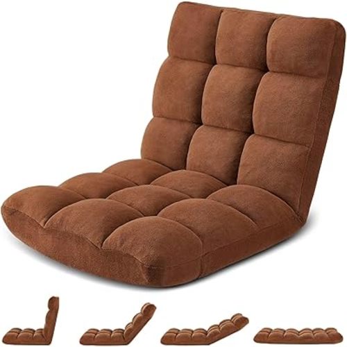 Folding Floor Gaming Chair 14-Poistion Cushioned Adjustable Floor Lazy Sofa Chair w/Breathable Cotton & Skin-Friendly Flannel for Adults & Kids Perfect for Reading Gaming Meditating, Brown