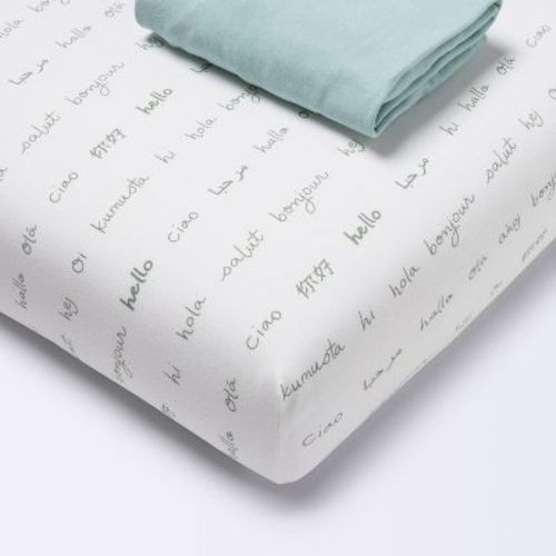 Fitted Play Yard Jersey Sheet - Cloud Island™ Hello And Solid Green - 2pk