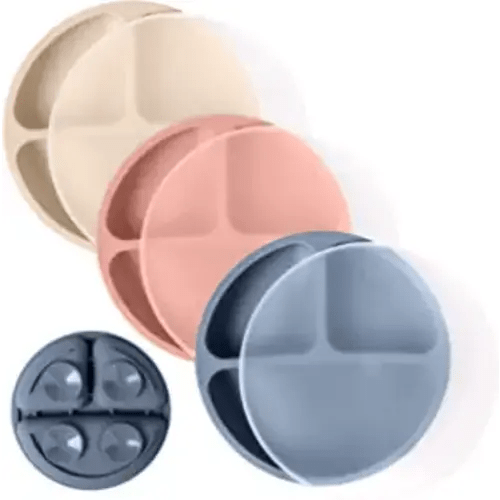 WeeSprout Suction Plates with Lids for Babies & Toddlers - 100% Silicone, Plates Stay Put with Suction Feature, Divided Design, Microwave & Dishwasher Friendly, 3 Pack - Matte Blue, Pink & Off White - With Lids