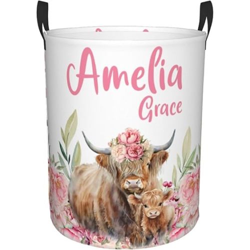 Personalized Highland Cow Laundry Baskets Gifts For Kids, Custom Name Laundry Hamper, Dirty Clothes Hamper Basket With Name For Bathroom Bedroom, Laundry Basket With Handles For Boy Girls Women Medium