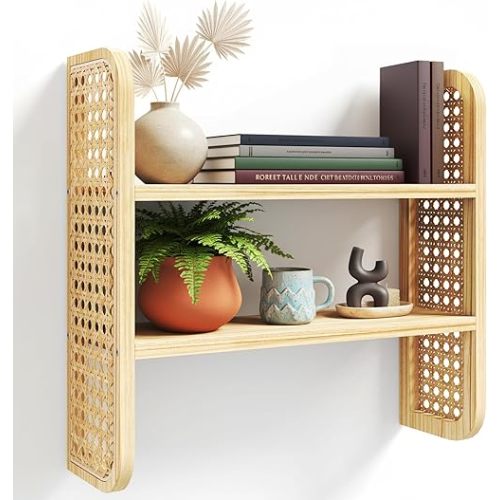 Natural 2-Tier Rattan Shelf - Wall Mounted Woven Boho Shelves, Handmade Rattan Display Shelf for Entryway, Nursery, Kitchen, Bathroom & Living Room