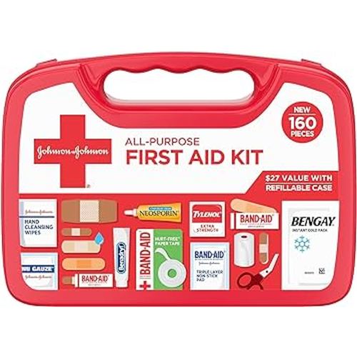 Johnson & Johnson All-Purpose Portable Compact First Aid Kit for Minor Cuts, Scrapes, Sprains & Burns, Ideal for Home, Car, Travel, Camping and Outdoor Emergencies, 160 pieces