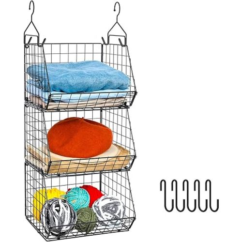 X-cosrack 3 Tier Foldable Closet Organizer, Clothes Shelves with 5 S Hooks, Cabinet Wire Storage Basket Bins, for Clothing Sweaters Shoes Handbags Clutches Accessories Patent Design