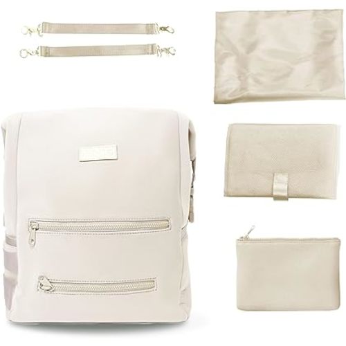 BUNSO Diaper Bag Backpack, Water-resistant Neoprene Bag With Changing Pad, Stroller Straps, Wet Bag and Pouch (Cream)