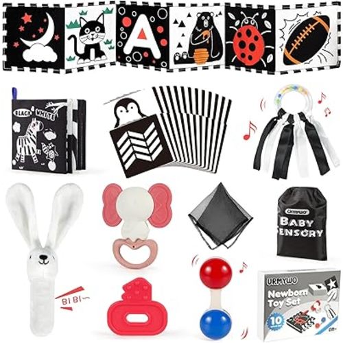 Baby Toys for 0-6 Months, High Contrast Black and White Sensory Toys for Newborn 0-6 M, Rattle Teether Tummy Time Audio Visual Stimulation Learning Activity for 0-12 Months, Baby Boy Girl Gifts 10 Pcs