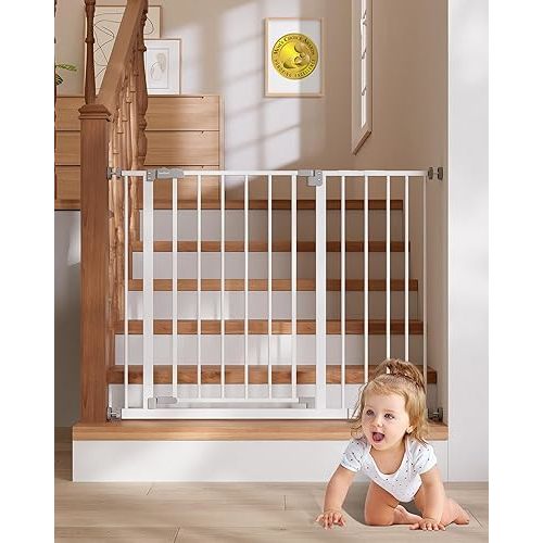 InnoTruth 29.5–40.75" Baby Gate for Stairs, 30" Tall Dog Gates for Doorways & Hallways, Safety Gate for Kids & Pets, Pressure-Mounted Walk-Through with Dual Lock & 2-Way Swing, White