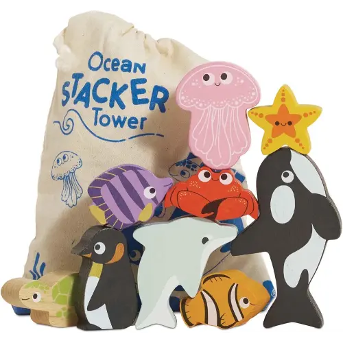 Le Toy Van - Wooden Toys - Petilou Baby & Toddler - Ocean Animal Building Blocks Stacker & Bag - Educational Balancing Activity Toy - Wooden Blocks Aquatic Animal Toys - Kids Toys Age 18 Months+