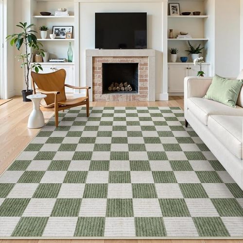 8x10 Area Rugs for Living Room, Checkered Non-Slip Washable Rugs, Farmhouse Neutral Classic Geometric Large Boys Area Rug for Bedroom, Carpet for Living Dining Room Office(Sage Green,8'x10')