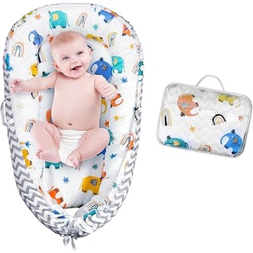 Baby Lounger Pillow, Baby Nest Cover, Newborn Essentials Must Haves for Baby 0-12 Months, Portable Baby Bed, Double Sided, Washable 100% Cotton Snuggle Lounger (Elephant)