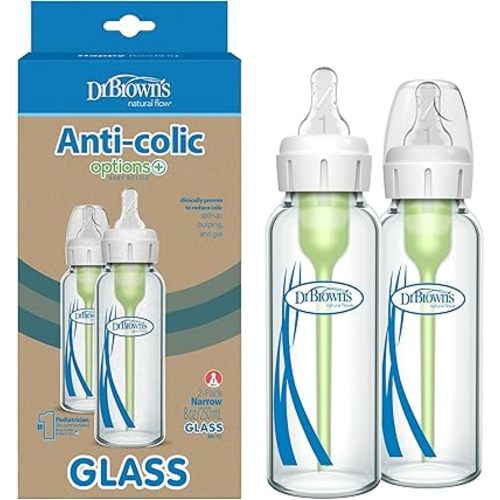 Dr. Brown's Anti-Colic Options+ Narrow Glass Baby Bottle with Level 1 Slow Flow Nipple, BPA-Free, 8 oz/250 mL, 2-Pack (Packaging May Vary)