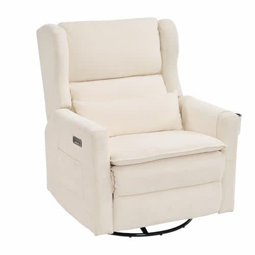 Power Recliner Chair Swivel Glider with Adjustable Headrest，Oversized Swivel Rocker Recliner with Lumbar Support, Upholstered Nursery Glider Recliner for Living Room,White