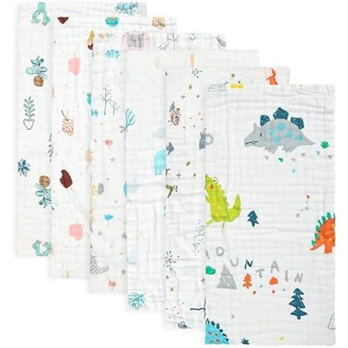 FOOK FISH Muslin Burp Cloths Cotton Burping Cloth 20'‘ X 10’' Pack of 6, Baby Spit Up Cloths for Newborn, Absorbent, Soft, Breathable Large, Premium 6-Layer Construction, Unisex, for Boys and Girls