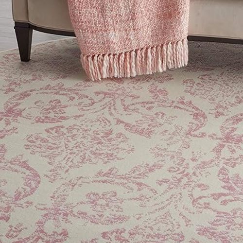 Nourison Jubilant Damask Ivory/Pink 8' x Round Area Rug, Easy Clean, Non Shedding, Bed Room, Living Room, Dining Room, Kitchen (8 Round)