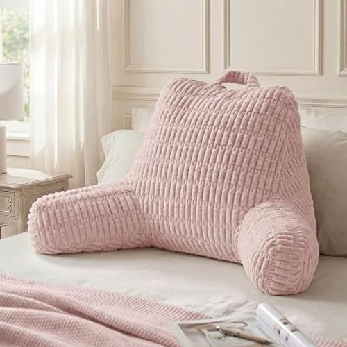 Blissful Diary Reading Pillow, Backrest Pillow with Shredded Memory Foam for Adult & Children, Designed for Bed and Couch Sitting Up, Includes Arms, Pockets and Washable Cover, Pale Pink