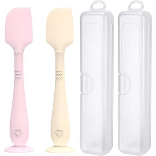 2 Pack Diaper Cream Spatula with Hygienic Travel Case, Butt Spatula Baby with Suction Base, Baby Butt Paste Spatula, Soft Silicone Diaper Rash Cream Applicator Large Size (Pink & Offwhite)