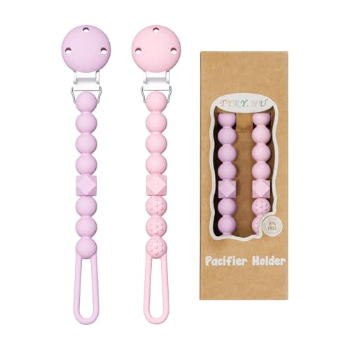 TYRY.HU Silicone Pacifier Holder Clip with One Piece Beads for Boys and Girls, Soft Flexible Rust-Free Binky Clips with Texture, Keeps Pacifier Clean, Safe for Newborn, Fits Most Pacifiers, 2 Pack