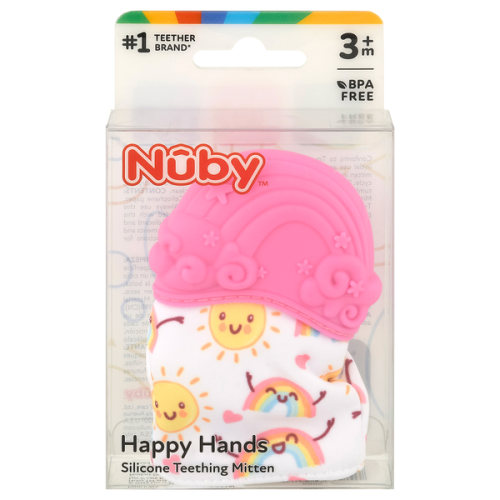 Nuby Happy Hands Pink Rainbow Silicone Teething Mitten 3m+