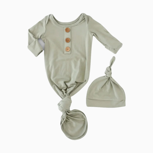 Caden Lane Bamboo Baby Knot Gown & Hat - Solid Moss, Newborn