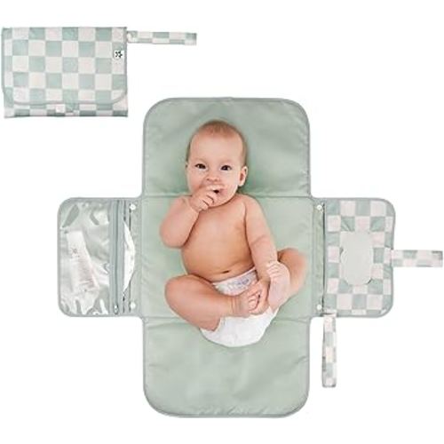 Tiny Twinkle Portable Diaper Changing Pad – Foldable, Waterproof & Compact Travel Changing Mat with Storage | Smart Wipes Pocket for On-The-Go Parents(Sage Checkers)