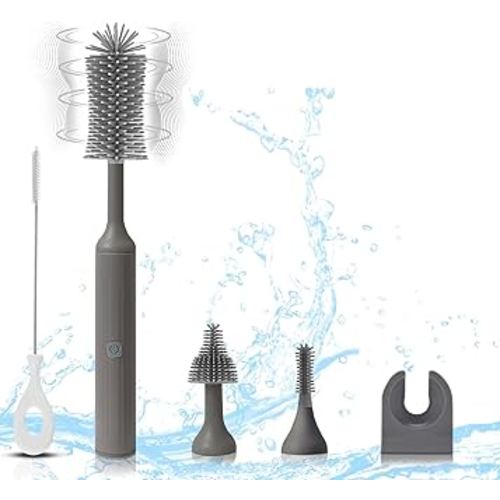 Electric Baby Bottle Brush Set with Rechargeable Electric Bottle Brush Cleaner and Replaceable Silicone Bottle Brushes and Straw Brush Cleaner, Waterproof Multi-Purpose Cleaning Brush(Grey)