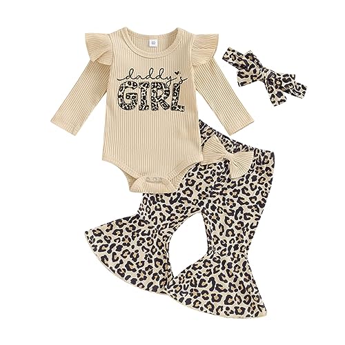 Kuriozud Newborn Baby Girl Bell Bottom Outfit Ruffle Romper Cute Bow Flare Pants Set Headband Cute Clothes