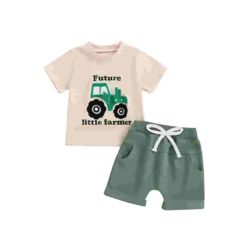 Baby Toddler Boys Summer Shorts Clothing Set, 3 6 12 18 24 Months 2T 3T Short Sleeve Cartoon Bear Print T-shirt with Elastic Waist Shorts Kids Outfit