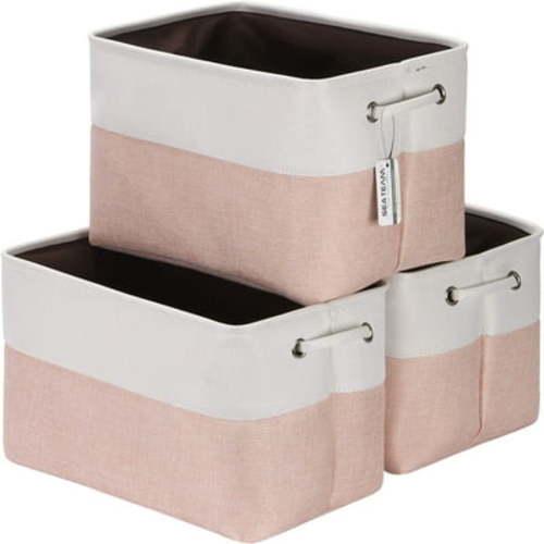 Sea Team 3-Pack Large Storage Basket Set, Trunk Organizer, Clothes Toys Bin, 15 x 10 x 10 Inches, Big Rectangular Canvas Fabric Collapsible Shelf Box with Handles, Pale Blush & White