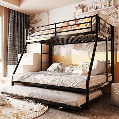 SUNLEI Metal Loft Bed with 2 Secured Ladders, Bunk Bed Twin Over Full with Trundle, Trundle Beds Twin Safety Guard, Space-Saving, Noise Free for Small Bedroom, (Black, Twin Over Full)