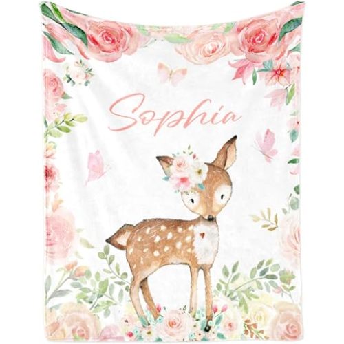 Custom Deer Blanket with Name for Girl Personalized Kid Name Blanket Animal