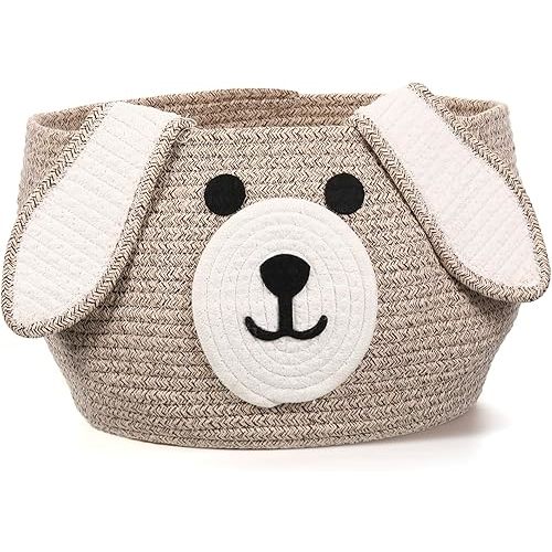 Zopeal Dog Woven Basket Cute Woven Cotton Rope Puppy Animal Storage Basket for Laundry Toy Gift(Brown, White,13 x 8 Inch)