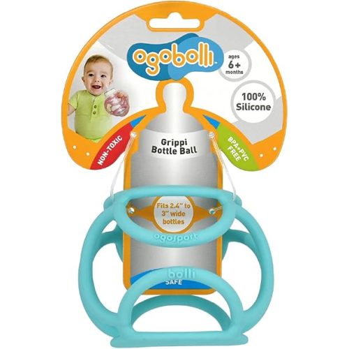 OgoBolli Grippi Teether Ring Tactile Sensory Ball and Baby Bottle Holder for Babies & Toddlers - Stretchy, Squishy, Soft, Non-Toxic Silicone - Boys and Girls Age 6+ Months - Blue