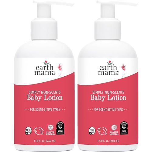 Earth Mama Simply Non-Scents Baby Lotion for Dry Skin, Calendula Cream, Skin Care for Kids, Organic Moisturizer, Unscented Lotion with Aloe Juice, Rooibos, & Shea Butter, 8-Fl oz (2-Pk)