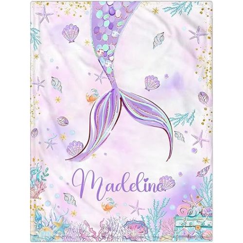 Personalized Baby Blanket for Girls, Custom Baby Blanket with Name Super Soft Personalized Name Blankets for Kids, Custom Mermaid Blankets for Infant Toddler, Babys Gifts for Birthday