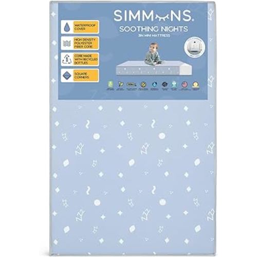 Simmons Kids Soothing Nights 3-inch Mini/Portable Crib Mattress - Sustainably Sourced Fiber Core - Waterproof - GREENGUARD Gold Certified (Non-Toxic) - Trusted 5 Year Warranty