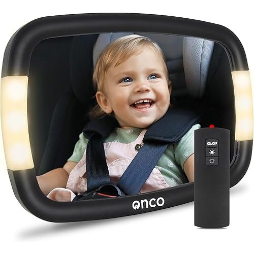 Onco LED Baby Car Mirror with Light - 2 Modes for Day & Night Driving, 100% Shatterproof Baby Mirror for Car, 360° Car Mirror for Baby, Universal Car Seat Mirror for Baby Rear Facing, NEW & IMPROVED