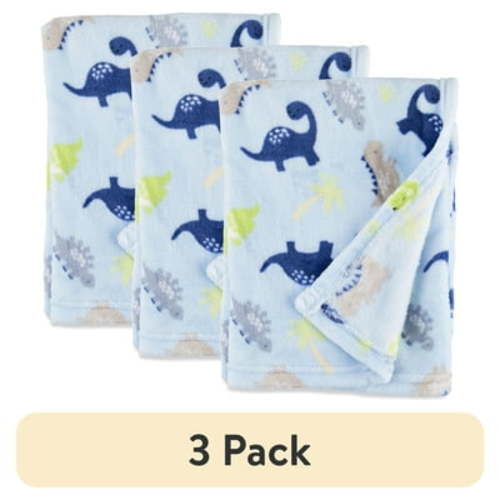 (3 pack) Parent's Choice Blue Dinosaurs Plush Baby Blanket, 30" x 36", Infant Boy