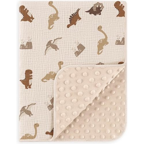 Susurration Baby Blanket for Unisex Boys Girls, Soft Nursery Minky Blanket with Muslin Cotton Front and Dotted Fleece Back, Receiving Blanket for Baby Newborn Infant, 30x40inch (Dinosaur)