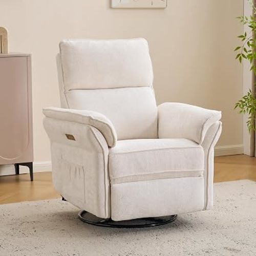 Power Nursery Recliner with Auto Rocking,Oversized Swivel Rocker Recliner with Massage and Heat,Glider Recliner Nursery Chair with Adjustable Headrest for Living Room and Bedroom,White