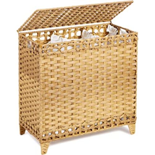 Laundry Hamper with 3 Removable Liner Bags; 132L Handwoven Rattan Laundry Basket with Lid & Heightened Feet; Clothes Hamper with Side Handles; Laundry Sorter with 3 Separate Sections (Natural)