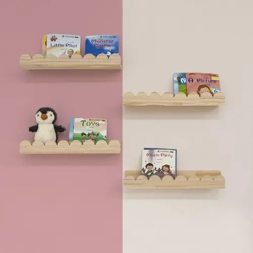 icnjdMopclean Nursery Bookshelf for Wall - Kids Bookshelf for Wall Set of 4, Floating Book Shelves Solid Wood, Scalloped Shelves for Bedroom Wall 16 Inch, Natural