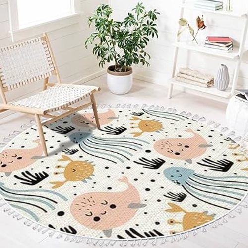 Ocean Beach Area Rugs Cute Whales Jellyfish Crabs fo Marine Animal Round Boho Area Rug Linen Carpet Playmat Washable Hallway Runner Mat for Nursery Kid Room Bedroom Decoration Children Gift 4ft