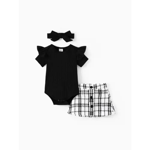 3pcs Baby Girl Black Ribbed Short-sleeve Romper and Tweed Skirt with Headband Set Only $18.99 PatPat US Mobile