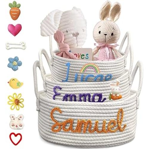 Personalized Baby Basket with Name for Newborn Boy Girl, Custom Cotton Rope Nursery Storage Baskets Gifts - Large