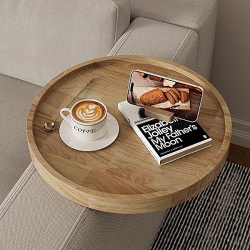 Natural Wood Couch Arm Table,Adjustable Couch Arm Tray with Phone Holder,Sofa Arm Tray for Thin & Wide Couches Arm,Round Wooden Chair Arm Table Sofa Armrest Tray,Snack Trayble Couch Companion - Burlywood