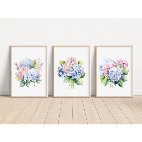 Pastel Hydrangea Flower Art Prints Set of 3 Watercolor Hydrangea Flower Print Hydrangea Floral Wall Art Print Hydrangea Flower Wall Decor
