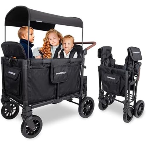 WONDERFOLD W4 Luxe Pro Stroller Wagon (4 Seater) - Collapsible Wagon Stroller with Seats Featuring 5-Point Safety Harnesses and Adjustable Sun Canopy, Jet Black