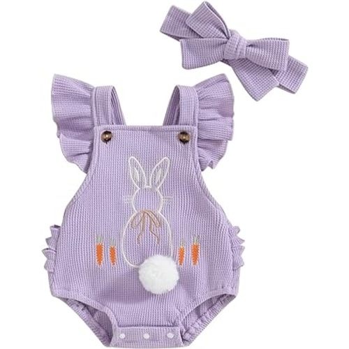 Laiyqifaudy Newborn Baby Girl Easter Outfit Bunny Romper Sleeveless Ruffle Backless Bodysuit Waffle Onesie with Rabbit Tail