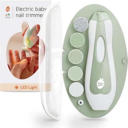 Baby Uma LED Baby Nail Trimmer Electric - Auto-Safety Stop Baby Nail Clippers, Bi-Directional Electric Baby Nail File with 2 Speeds & 6 Filing Discs, Newborn Essentials (+ Travel Case)